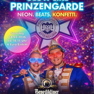Zwei Mitglieder der Prinzengarde Attendorn vor einem Neonfarbenden Hintergrund